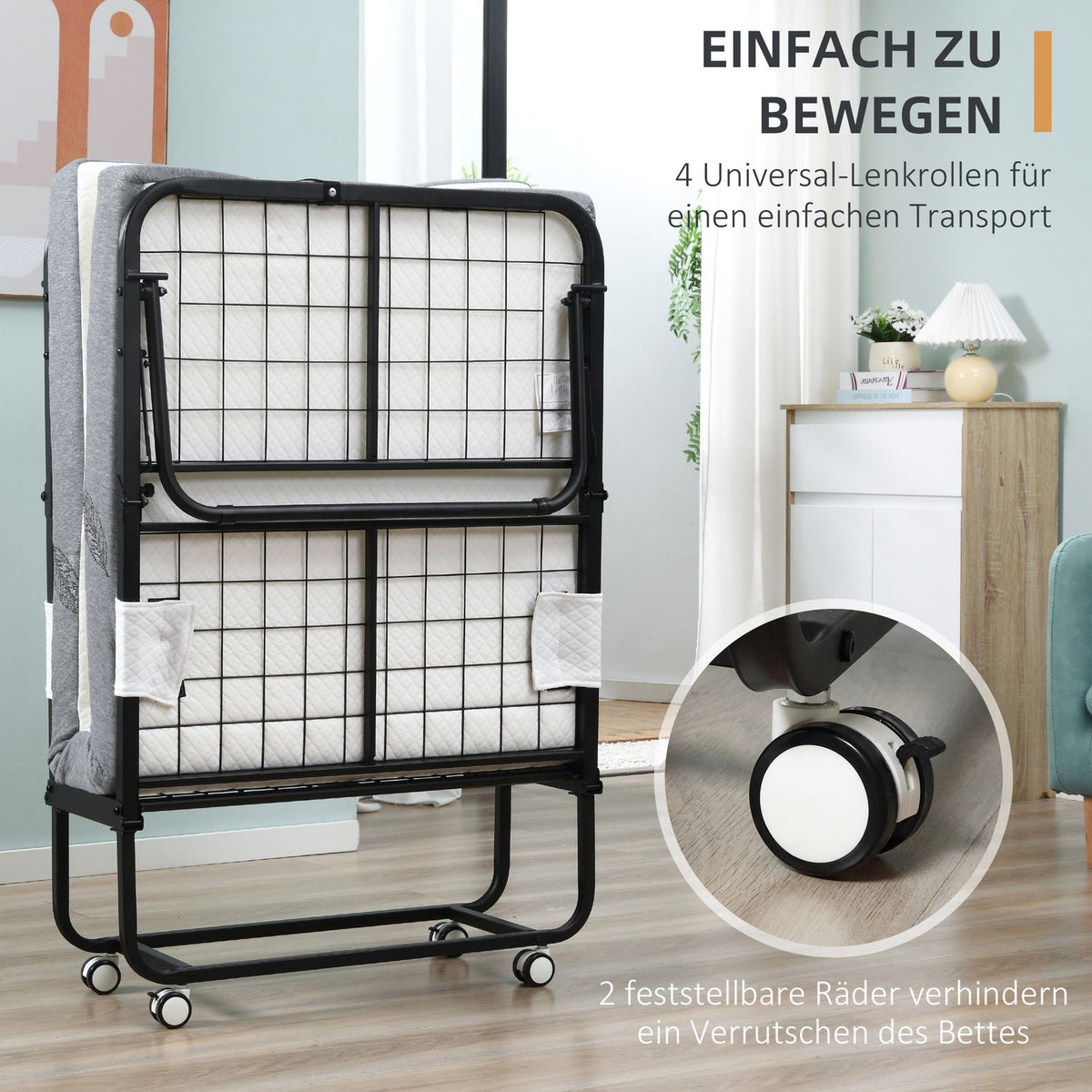 Guest Bed Folding Bed With Wheels, Steel + Foam, White + Black, 200X75X42.5Cm