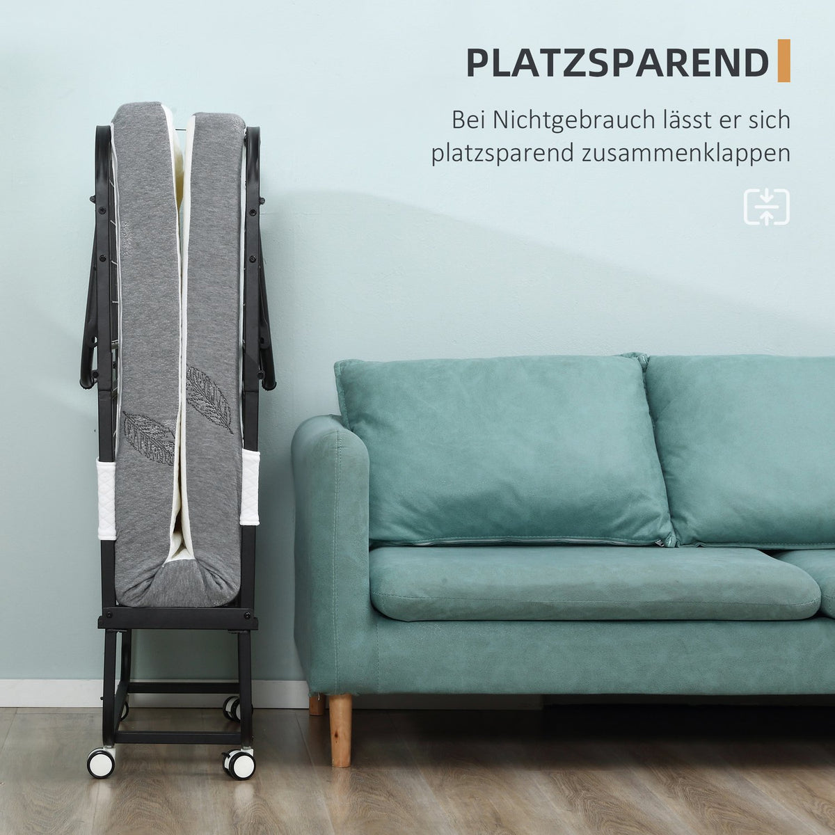 Guest Bed Folding Bed With Wheels, Steel + Foam, White + Black, 200X75X42.5Cm