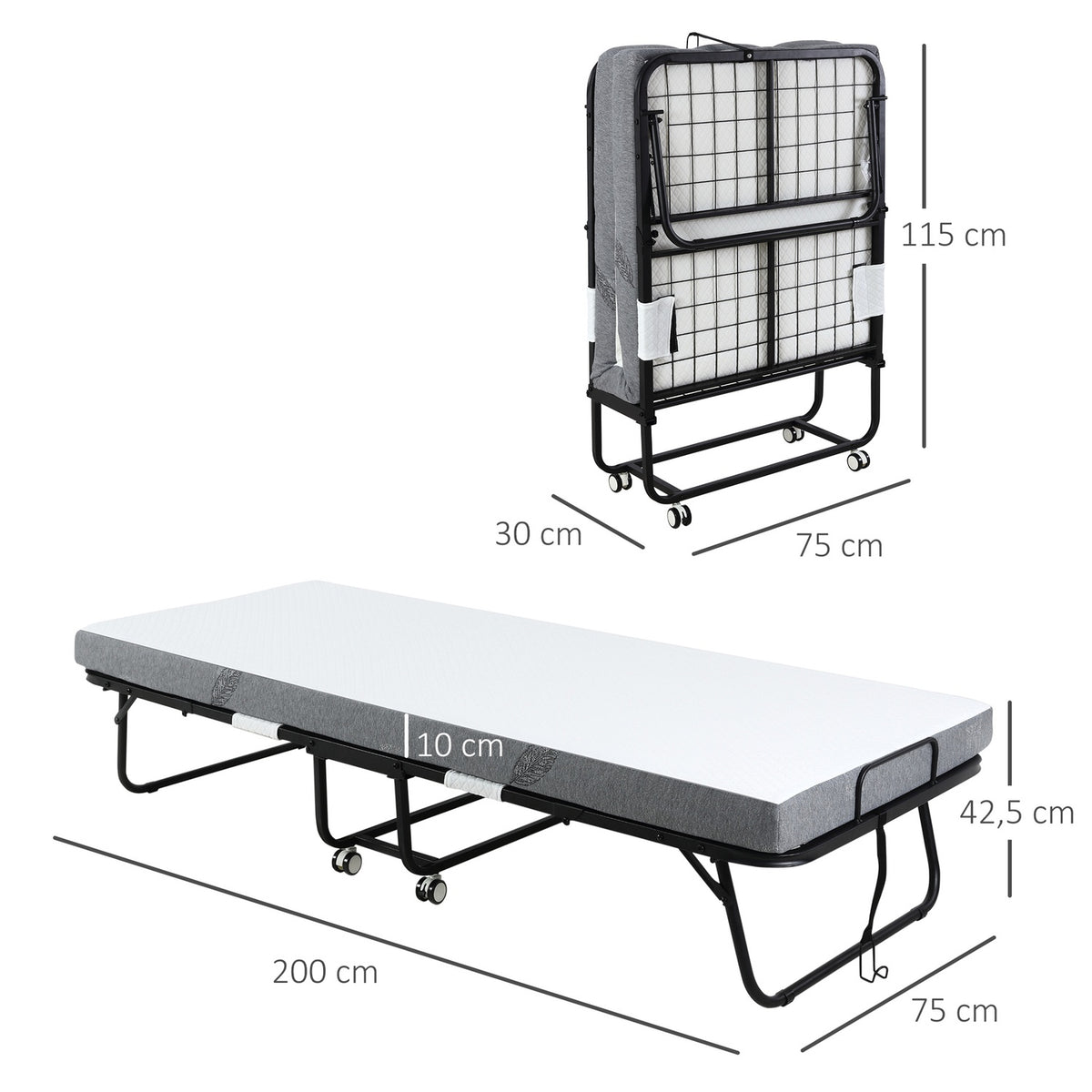 Guest Bed Folding Bed With Wheels, Steel + Foam, White + Black, 200X75X42.5Cm