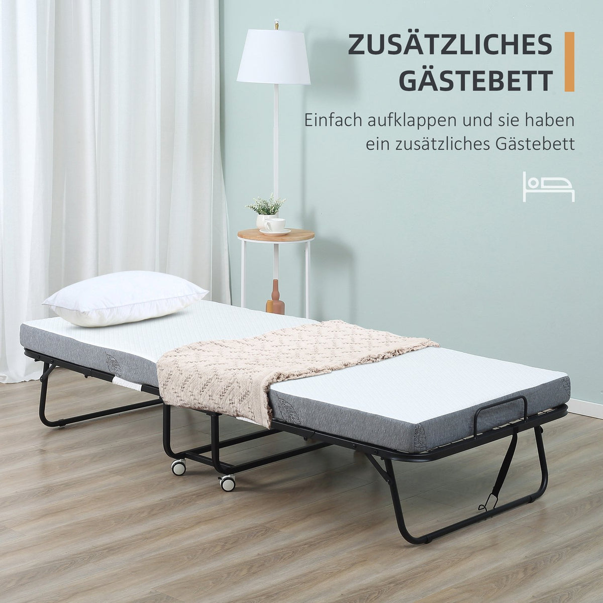 Guest Bed Folding Bed With Wheels, Steel + Foam, White + Black, 200X75X42.5Cm