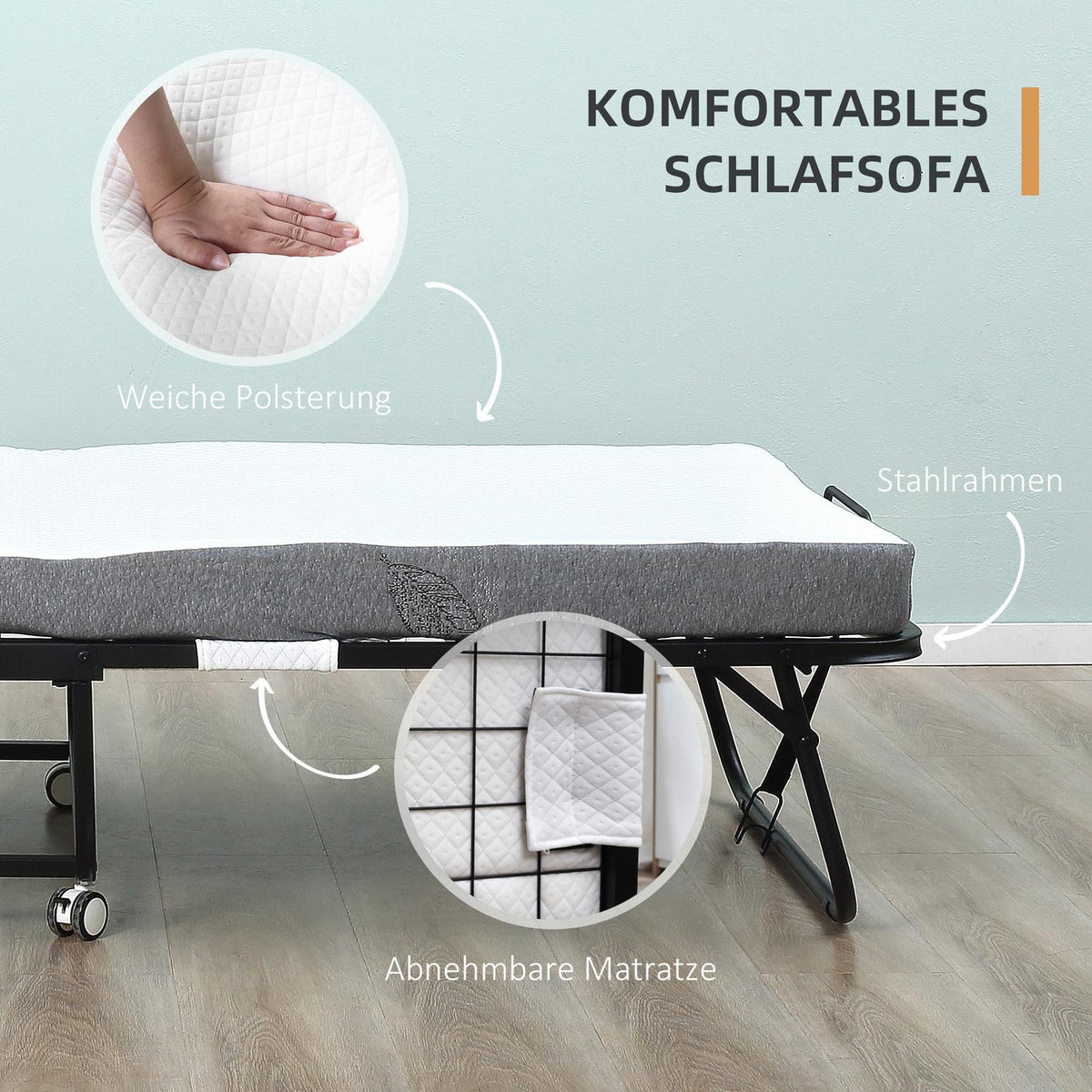 Guest Bed Folding Bed With Wheels, Steel + Foam, White + Black, 200X75X42.5Cm