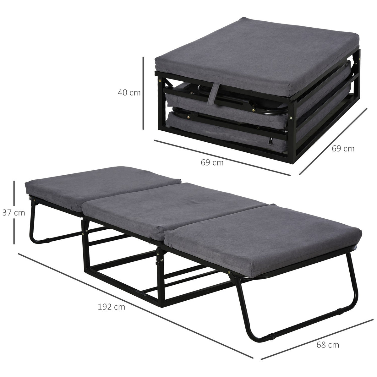 Guest bed folding 2-in-1 stool adjustable polyester steel foam gray 192x68x37cm