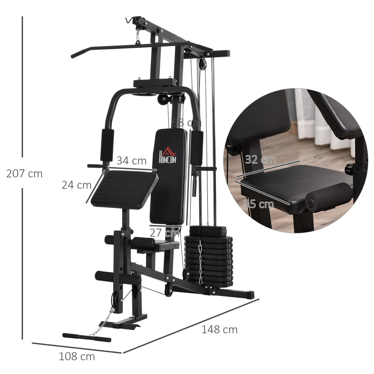Gym Multi-Gym Fitness Equipment Fitness Station Fitness Center Including Weights With Roller Padding Steel Artificial Leather Black 148 X 108 X 207 Cm