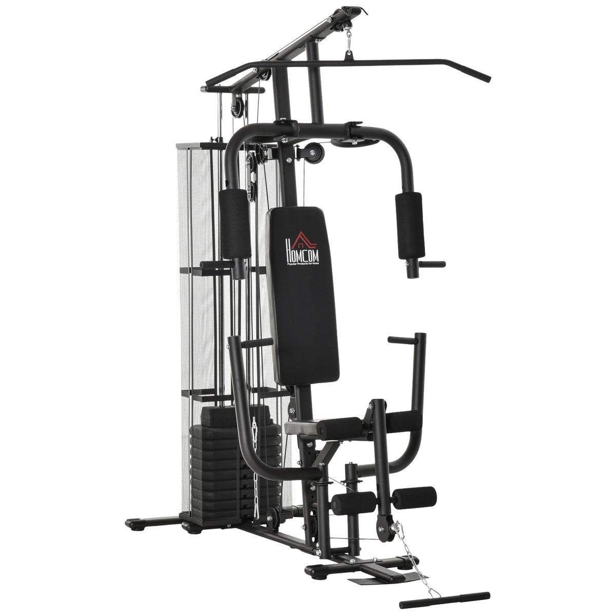 Gym Multi-Gym Fitness Station Multigym With Weights, Lat Pull-Down & Leg Curl, Metal & Pu Synthetic Leather, Black