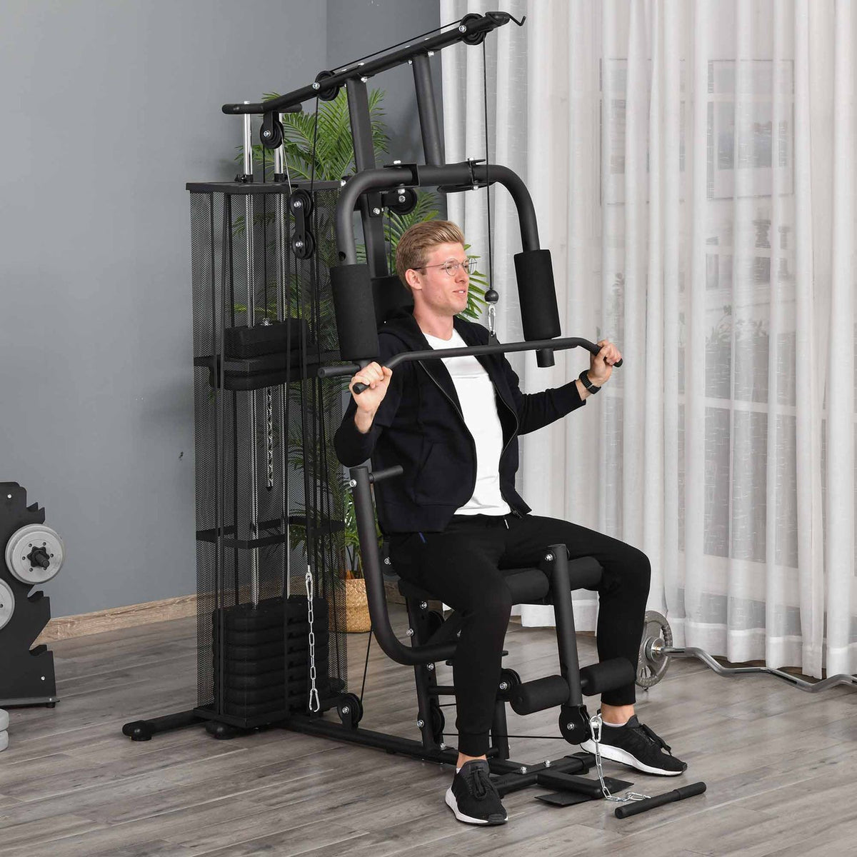 Gym Multi-Gym Fitness Station Multigym With Weights, Lat Pull-Down & Leg Curl, Metal & Pu Synthetic Leather, Black