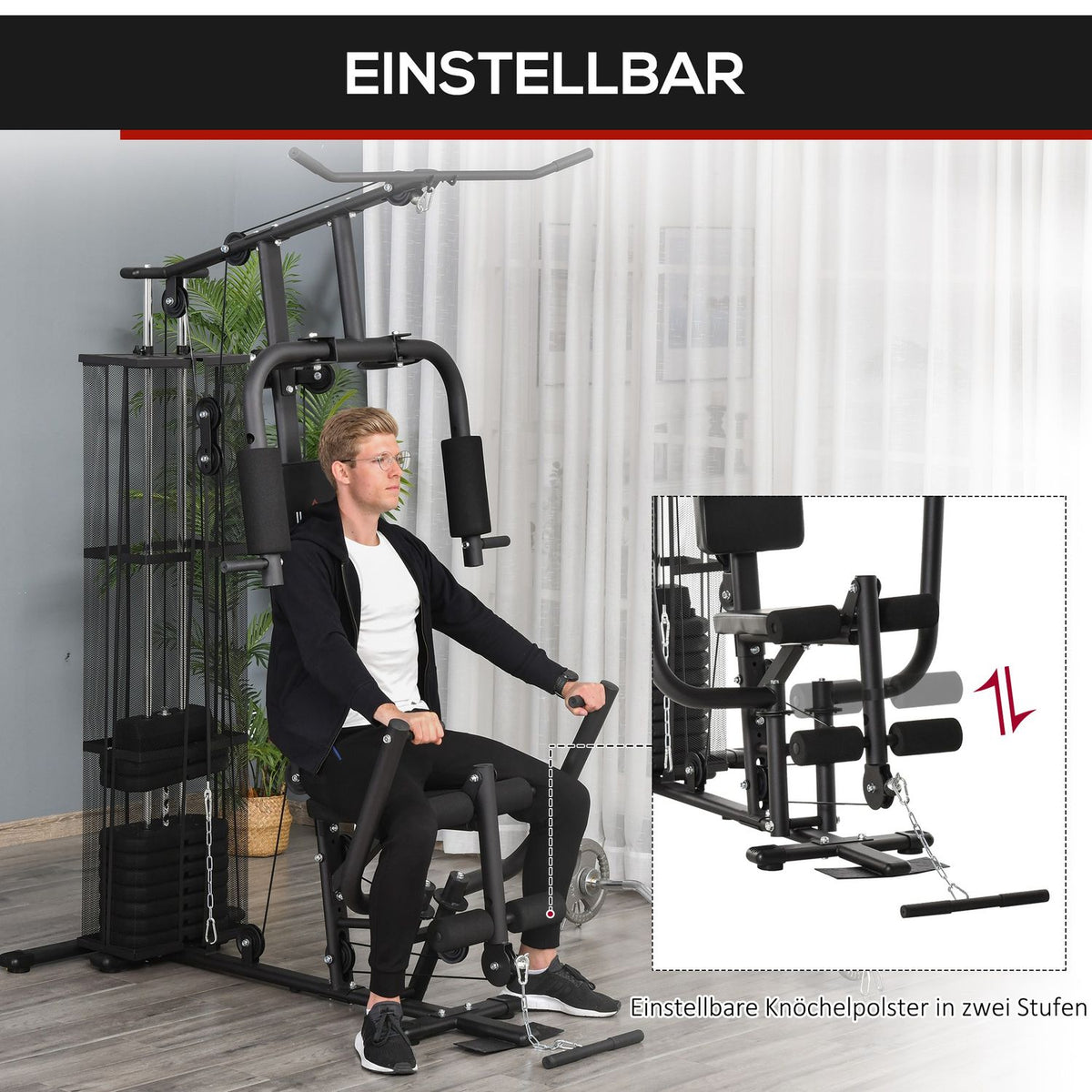 Gym Multi-Gym Fitness Station Multigym With Weights, Lat Pull-Down & Leg Curl, Metal & Pu Synthetic Leather, Black