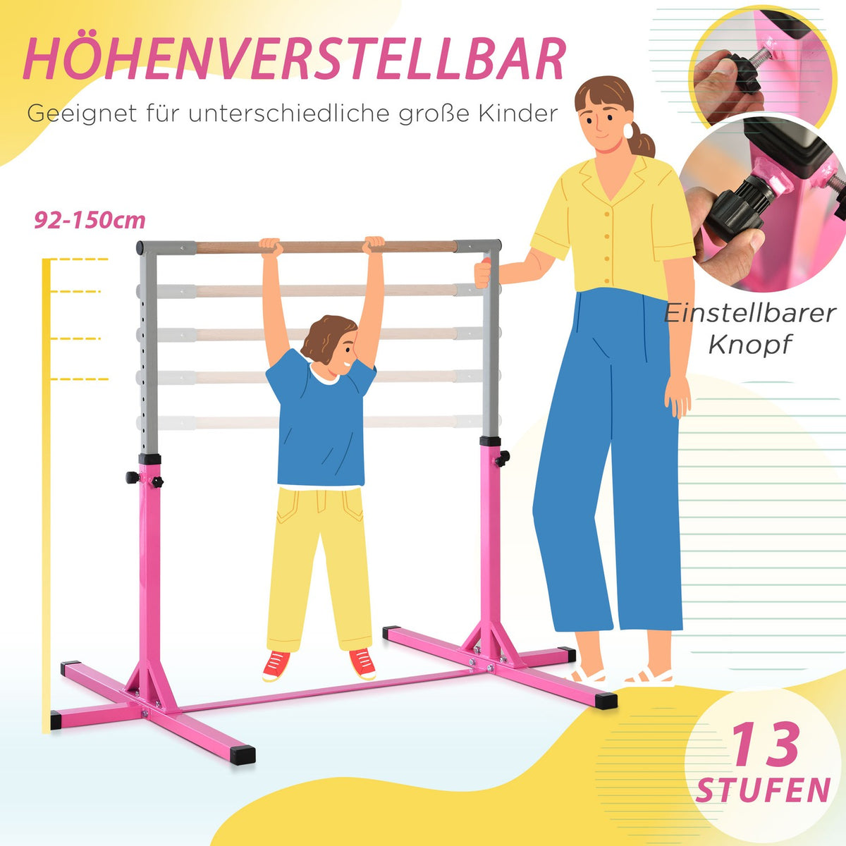 Gymnastics High Bar 13-Stage Height Adjustable Up To 75 Kg Load-Bearing System Training Equipment Steel Beech Wood Pink