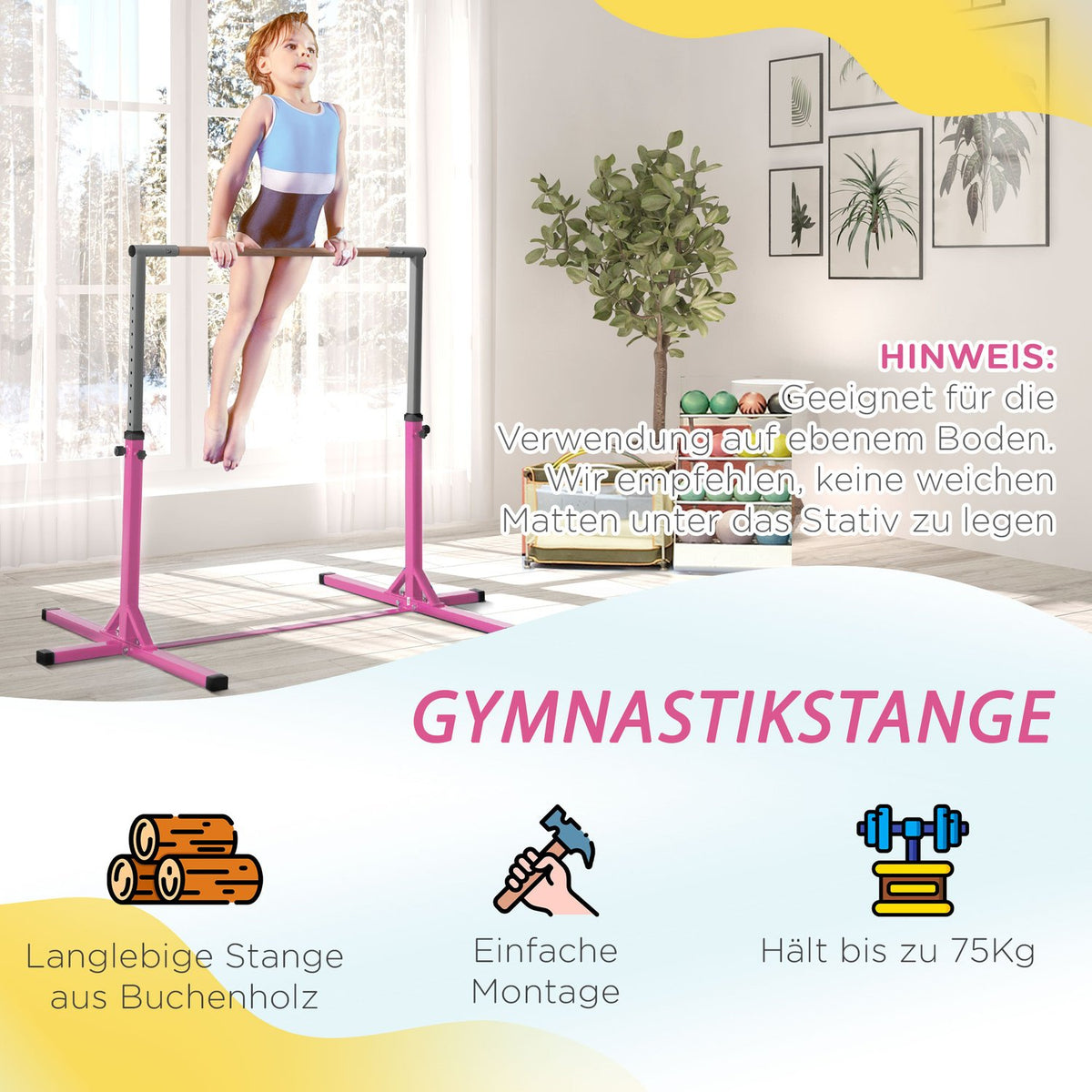 Gymnastics High Bar 13-Stage Height Adjustable Up To 75 Kg Load-Bearing System Training Equipment Steel Beech Wood Pink