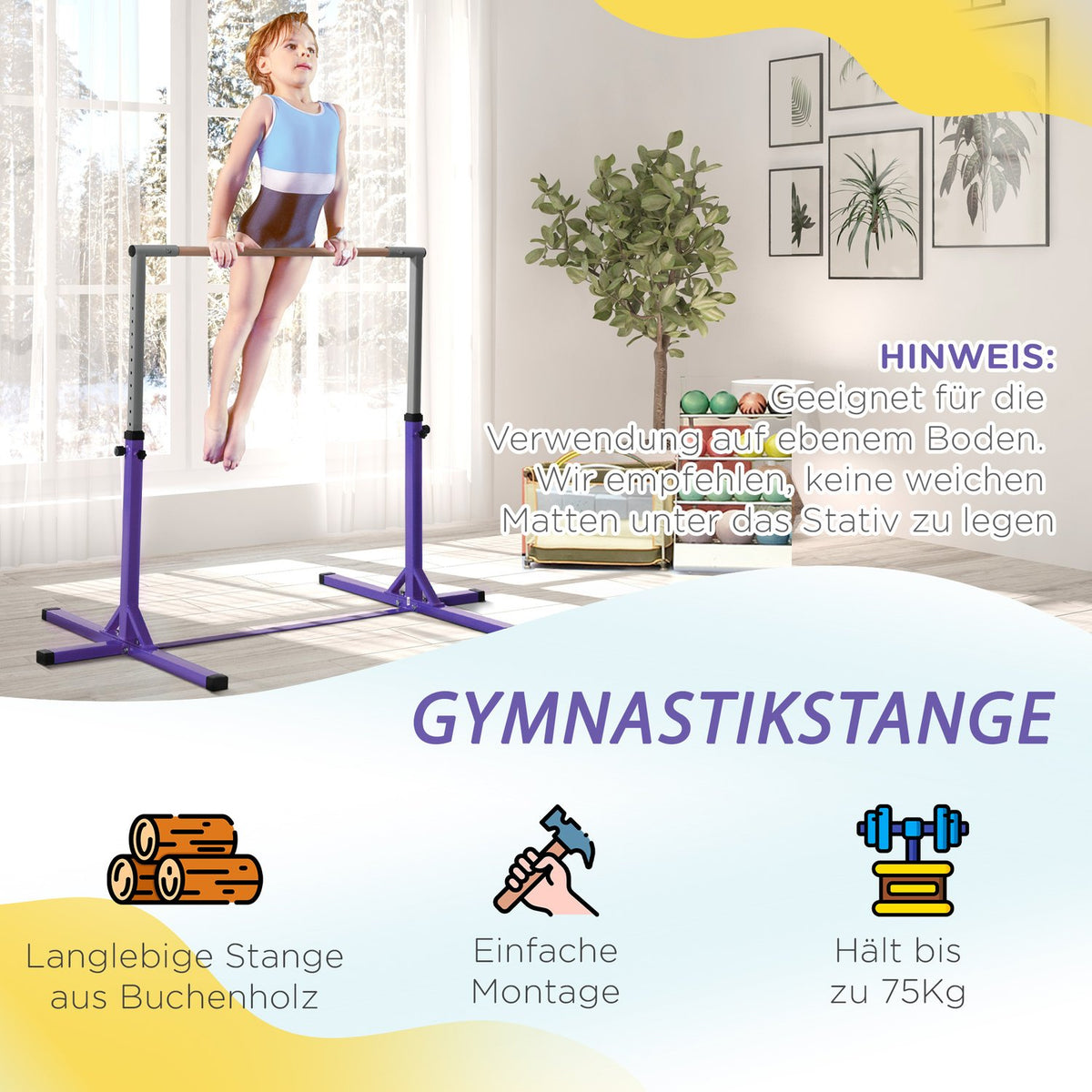 Gymnastics gymnastics bar, 13-level height-adjustable horizontal bar, high bar gymnastics bar made of wood and sturdy steel construction, can hold up to 75 kg, for 3+ children, indoor, outdoor, purple