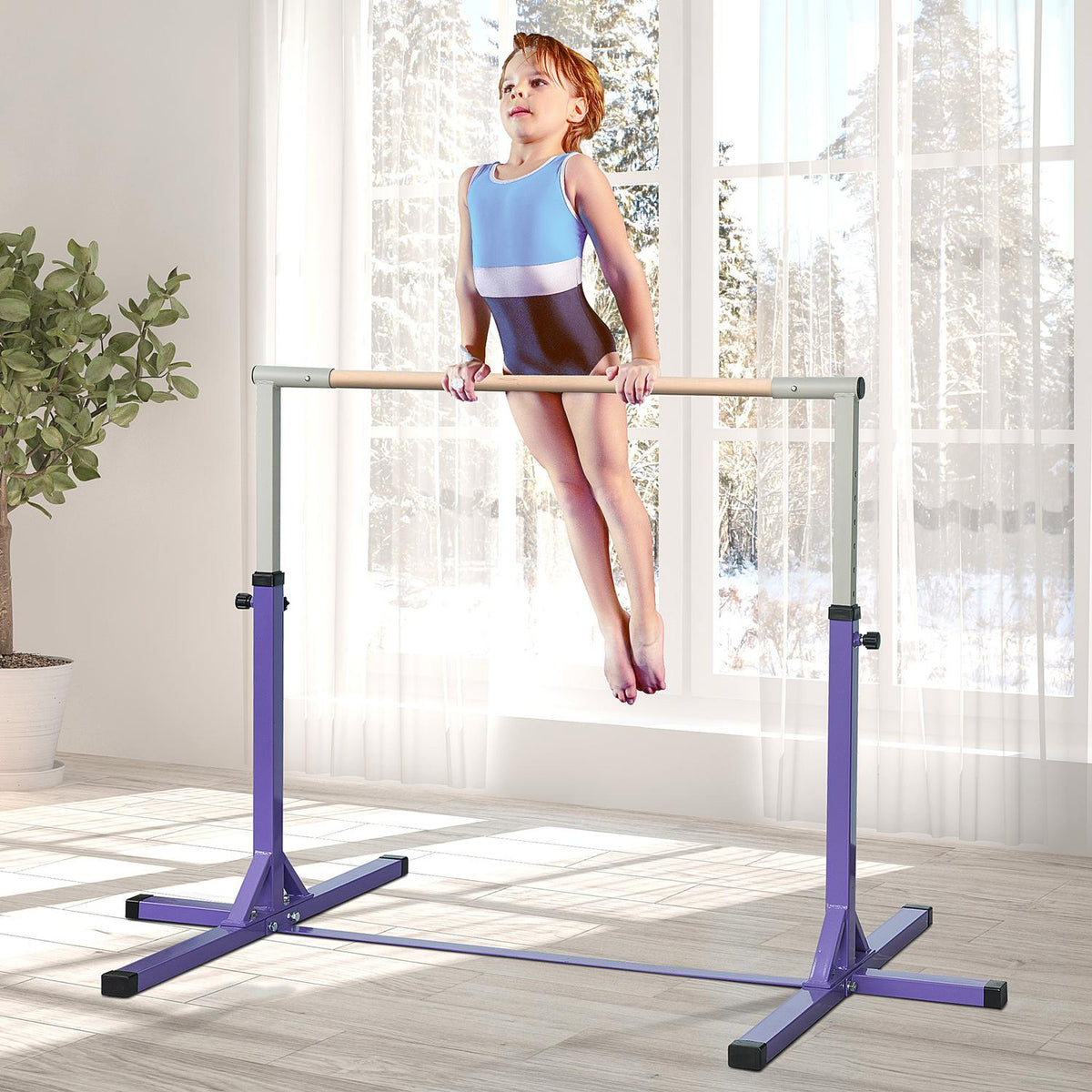 Gymnastics gymnastics bar, 13-level height-adjustable horizontal bar, high bar gymnastics bar made of wood and sturdy steel construction, can hold up to 75 kg, for 3+ children, indoor, outdoor, purple