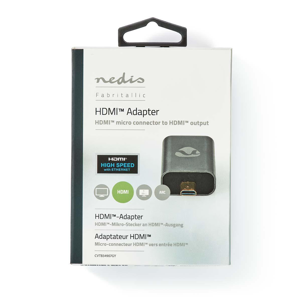 HDMI™ Adapter | HDMI™ Male / HDMI™ Micro connector | HDMI™ Female / HDMI™ Output | Gold Plated | Straight | Aluminum | Gray With Metal | 1 pc. | Carton with covered window