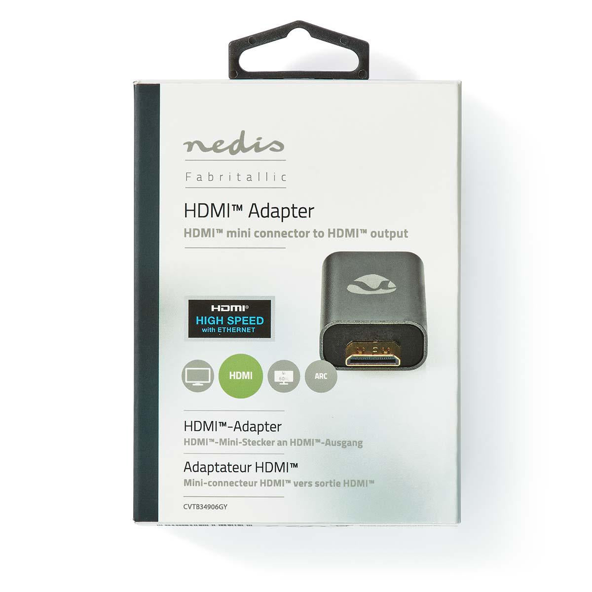 HDMI™ Adapter | HDMI™ Male / HDMI™ Mini connector | HDMI™ Female / HDMI™ Output | Gold Plated | Straight | Aluminum | Gray With Metal | 1 pc. | Carton with covered window