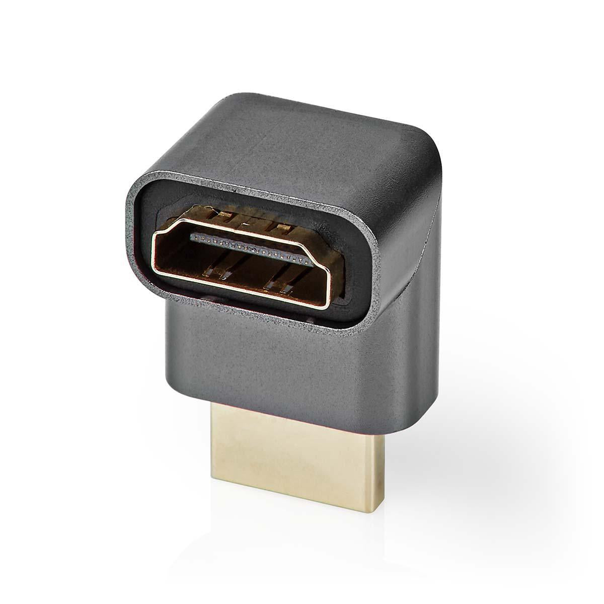 HDMI™ Adapter | HDMI™ Male / HDMI™ Plug | HDMI™ Female / HDMI™ Output | Gold Plated | Angled 270° | Aluminum | Gray With Metal | 1 pc. | Carton with covered window