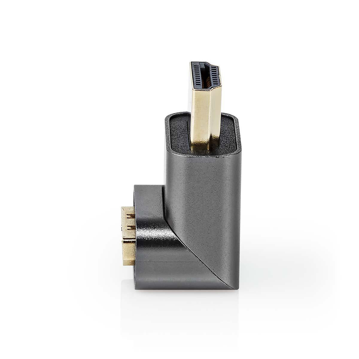 HDMI™ Adapter | HDMI™ Male / HDMI™ Plug | HDMI™ Female / HDMI™ Output | Gold Plated | Angled 270° | Aluminum | Gray With Metal | 1 pc. | Carton with covered window