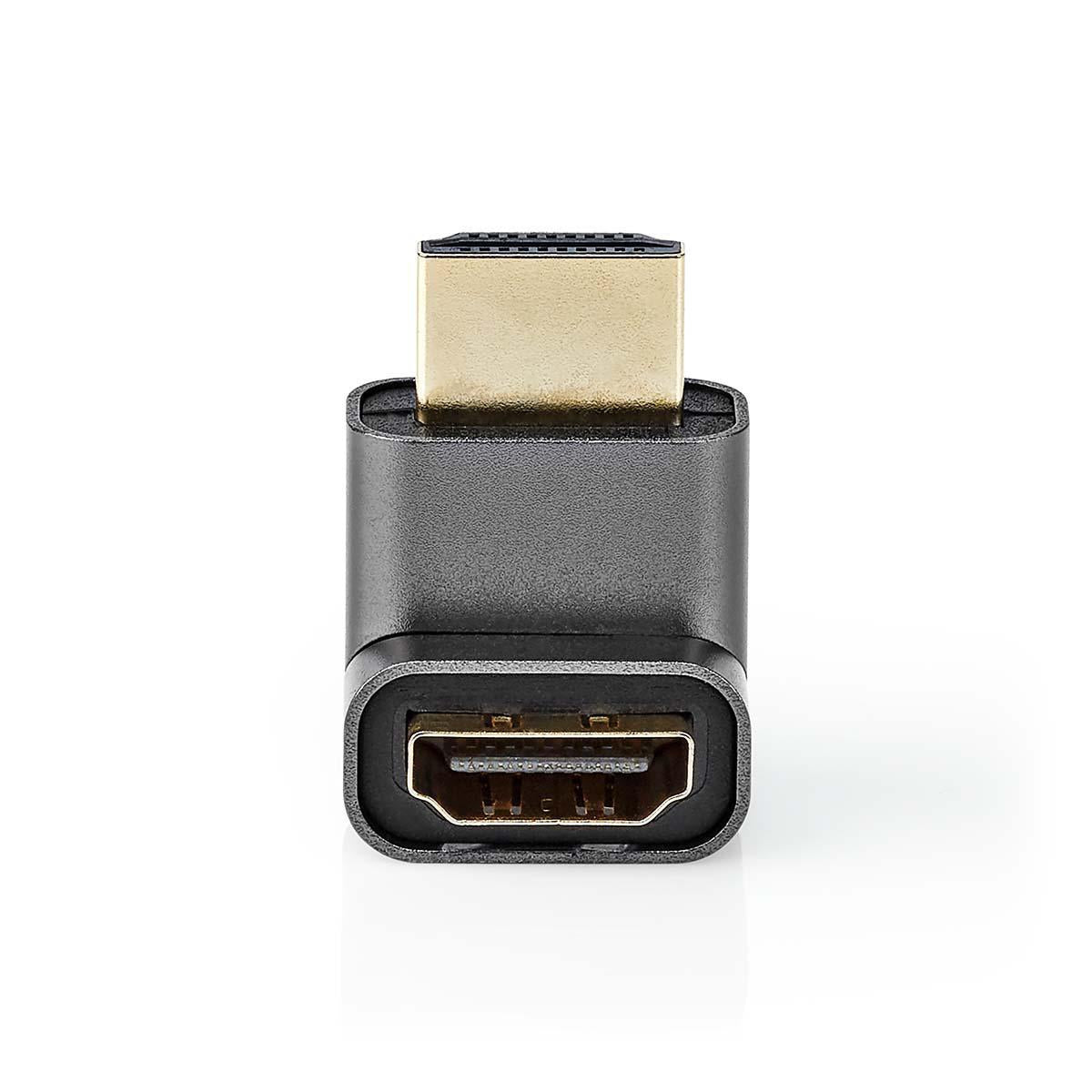 HDMI™ Adapter | HDMI™ Male / HDMI™ Plug | HDMI™ Female / HDMI™ Output | Gold Plated | Angled 270° | Aluminum | Gray With Metal | 1 pc. | Carton with covered window