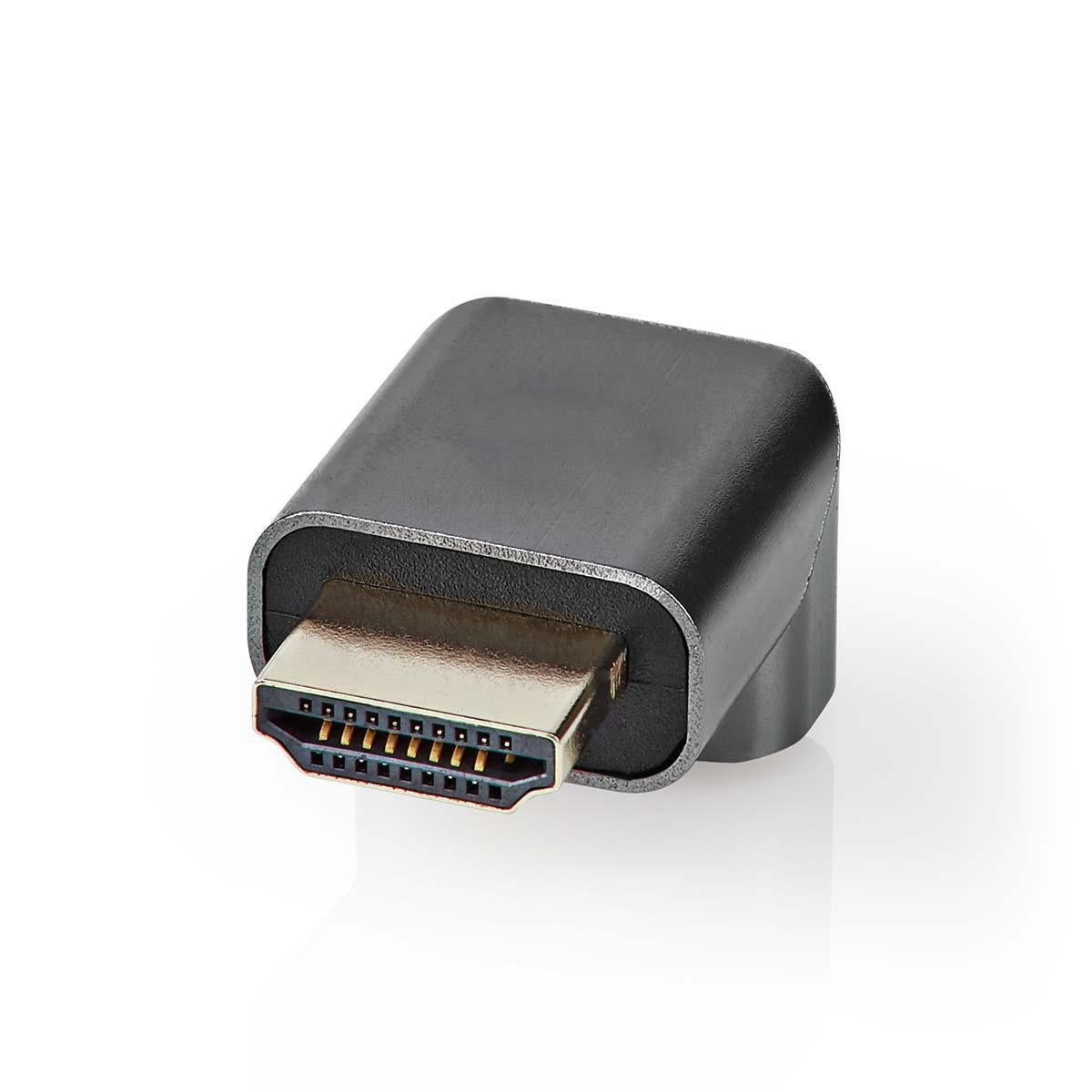 HDMI™ Adapter | HDMI™ Male / HDMI™ Plug | HDMI™ Female / HDMI™ Output | Gold Plated | Angled 90° | Aluminum | Gray With Metal | 1 pc. | Carton with covered window