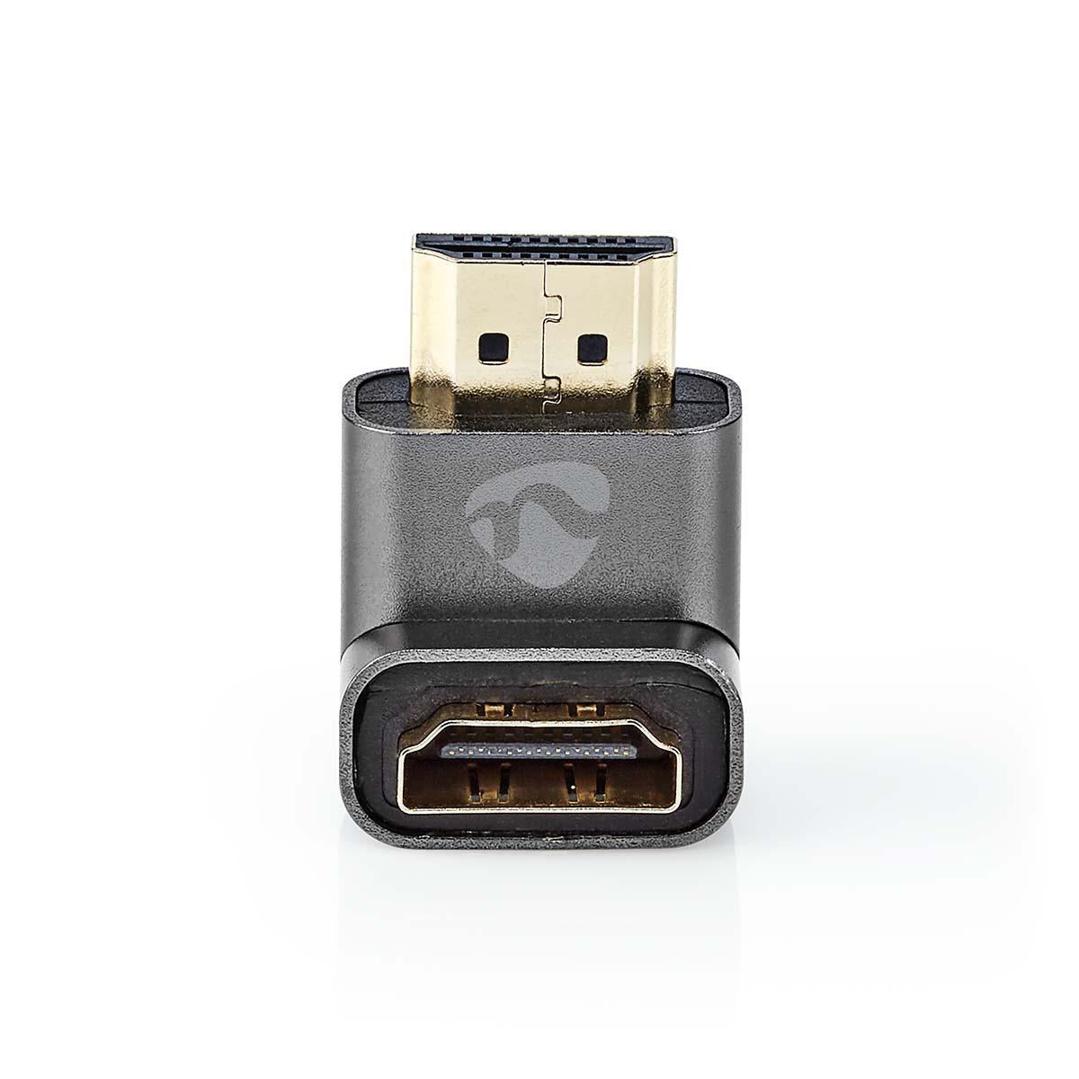 HDMI™ Adapter | HDMI™ Male / HDMI™ Plug | HDMI™ Female / HDMI™ Output | Gold Plated | Angled 90° | Aluminum | Gray With Metal | 1 pc. | Carton with covered window