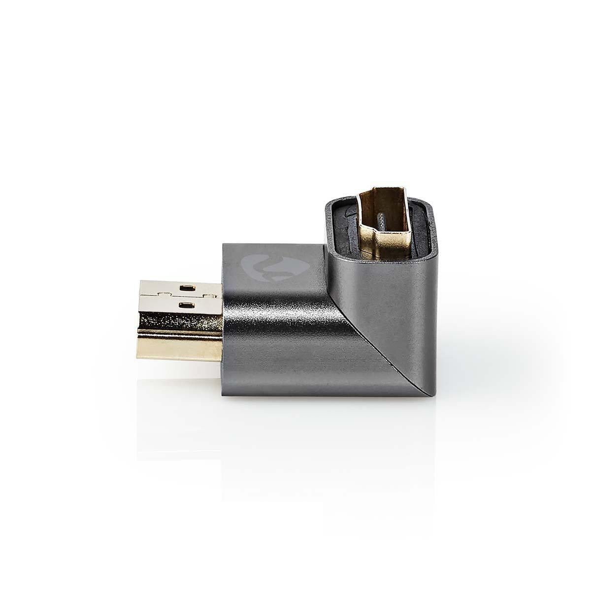 HDMI™ Adapter | HDMI™ Male / HDMI™ Plug | HDMI™ Female / HDMI™ Output | Gold Plated | Angled 90° | Aluminum | Gray With Metal | 1 pc. | Carton with covered window