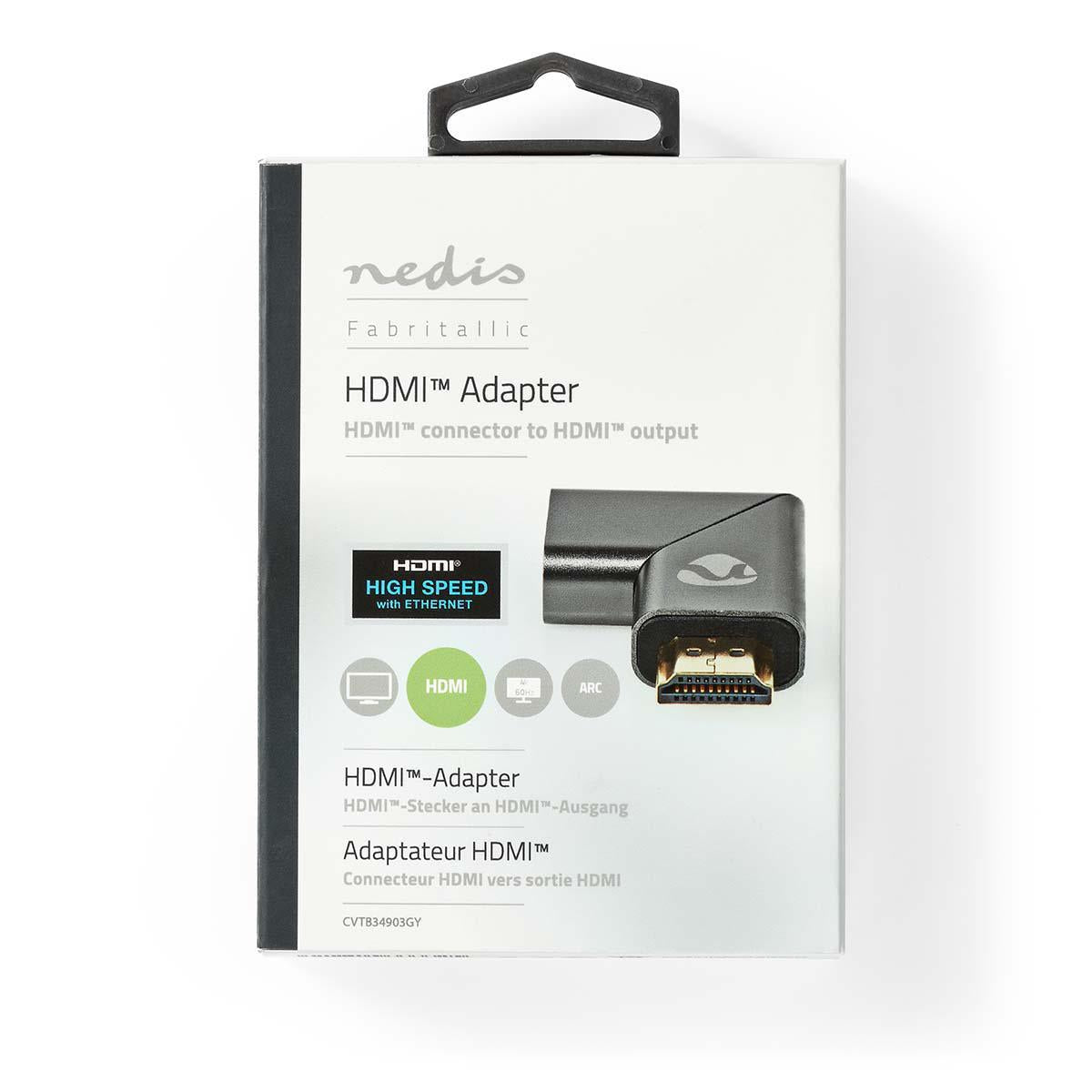 HDMI™ Adapter | HDMI™ Male / HDMI™ Plug | HDMI™ Female / HDMI™ Output | Gold Plated | Angled left | Aluminum | Gray With Metal | 1 pc. | Carton with covered window