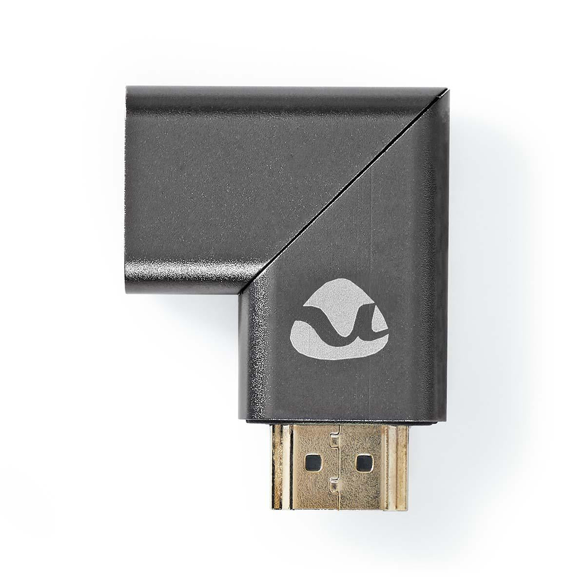 HDMI™ Adapter | HDMI™ Male / HDMI™ Plug | HDMI™ Female / HDMI™ Output | Gold Plated | Angled left | Aluminum | Gray With Metal | 1 pc. | Carton with covered window