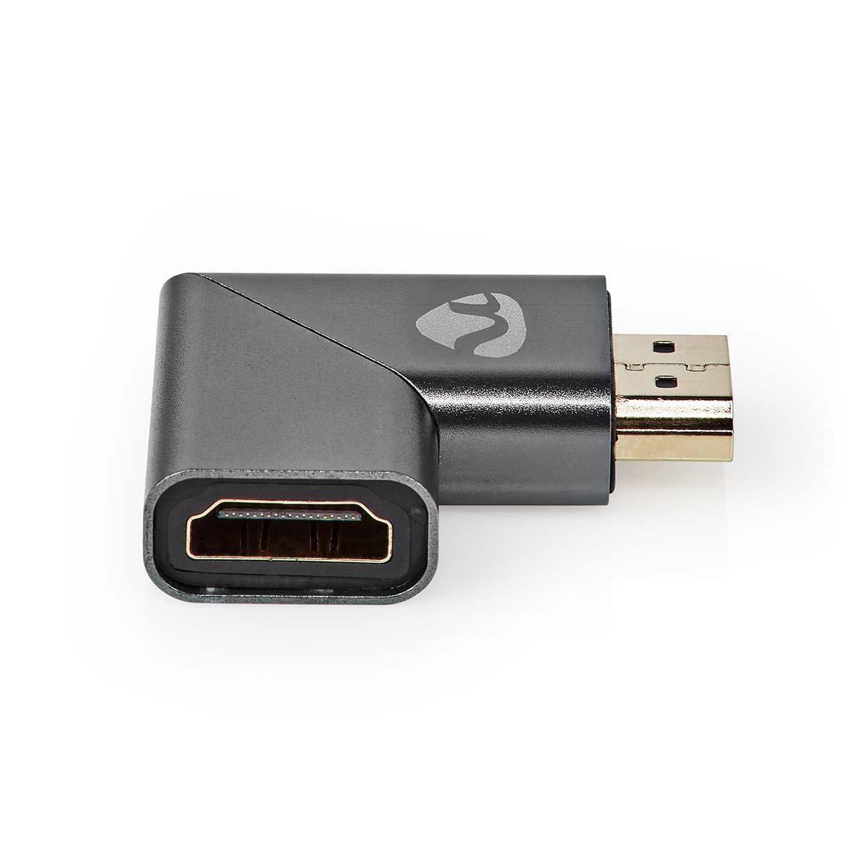 HDMI™ Adapter | HDMI™ Male / HDMI™ Plug | HDMI™ Female / HDMI™ Output | Gold Plated | Angled left | Aluminum | Gray With Metal | 1 pc. | Carton with covered window