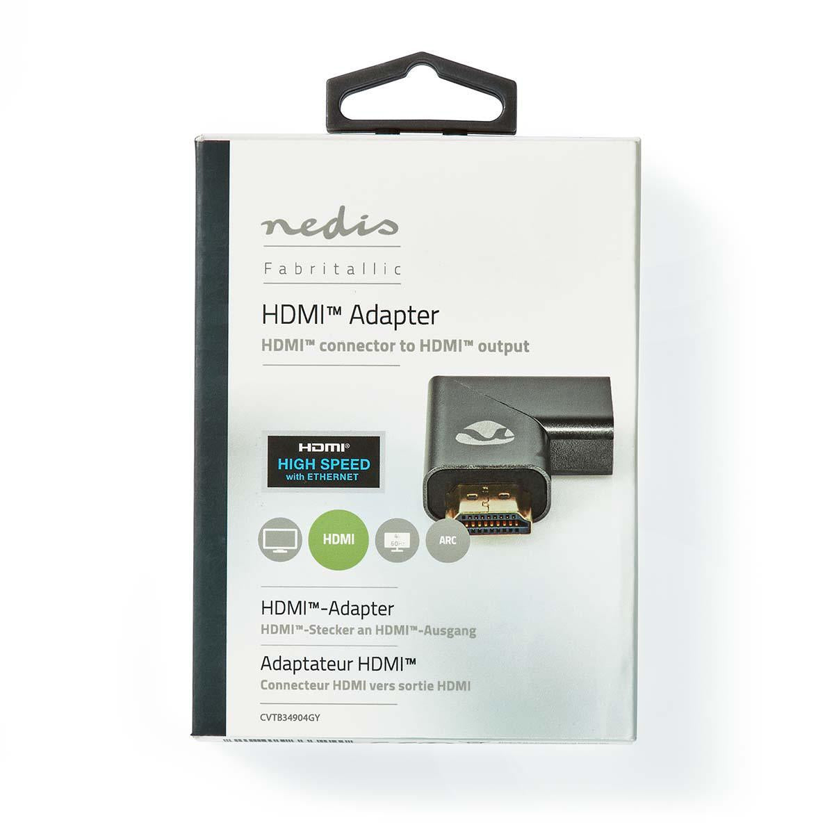 HDMI™ Adapter | HDMI™ Male / HDMI™ Plug | HDMI™ Female / HDMI™ Output | Gold Plated | Angled right | Aluminum | Gray With Metal | 1 pc. | Carton with covered window