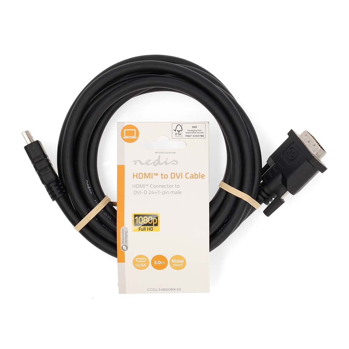 HDMI™ Cable | HDMI™ Connector | DVI-D 24+1-Pin Male | 1080p | Nickel Plated | 3.00 m | Straight | PVC | Black | Label