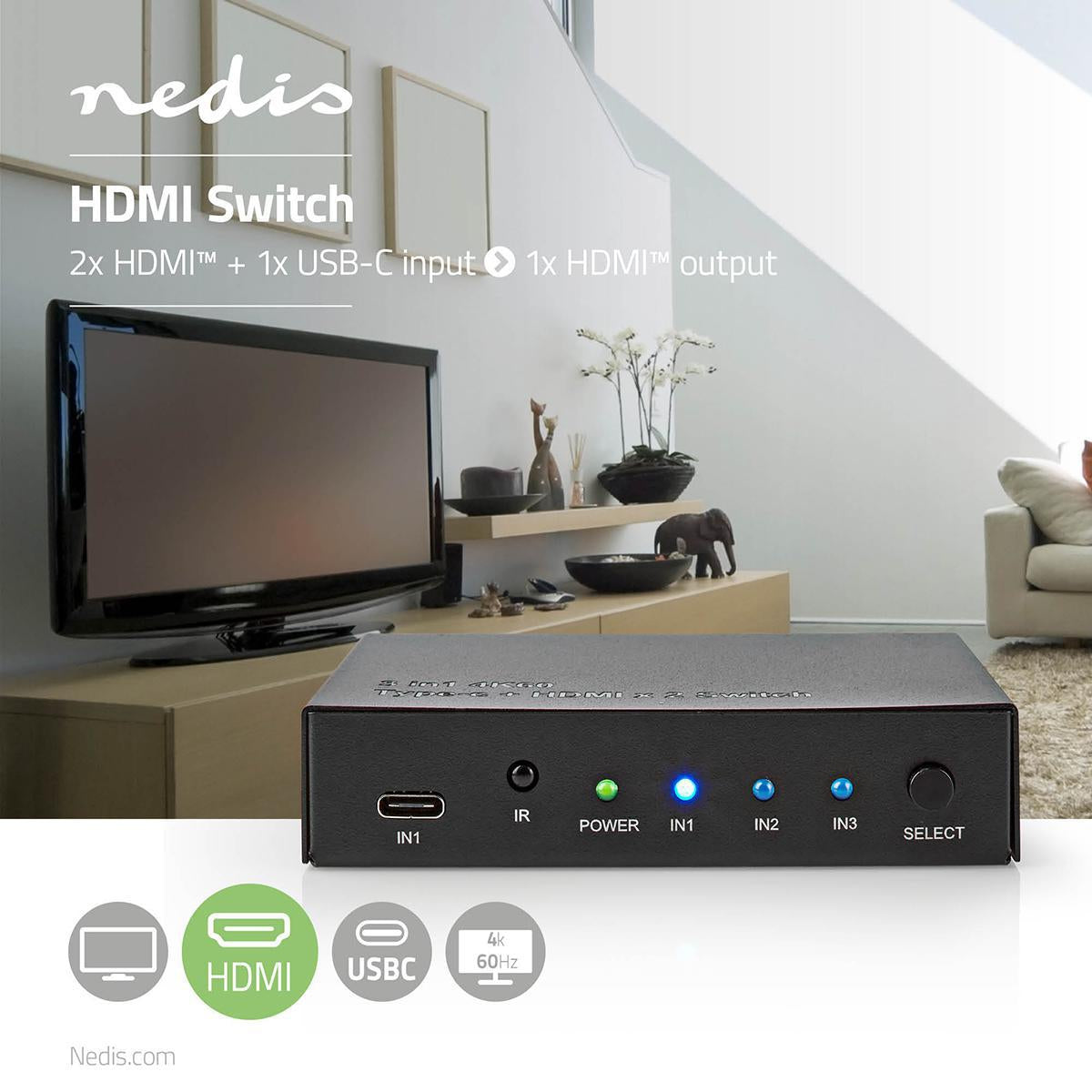 HDMI™ Switch | 3-Port port(s) | 1x USB-C™ / 2x HDMI™ Input | 1x HDMI™ output | 4K@60Hz | 18.0 Gbps | Metal | Anthracite