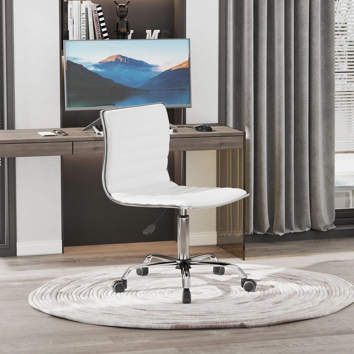 Hairdressing Chair, Salon Chair, Swivel Chair, Height-Adjustable, With Backrest, Steel, Pu, White, 48X52X78-90 Cm