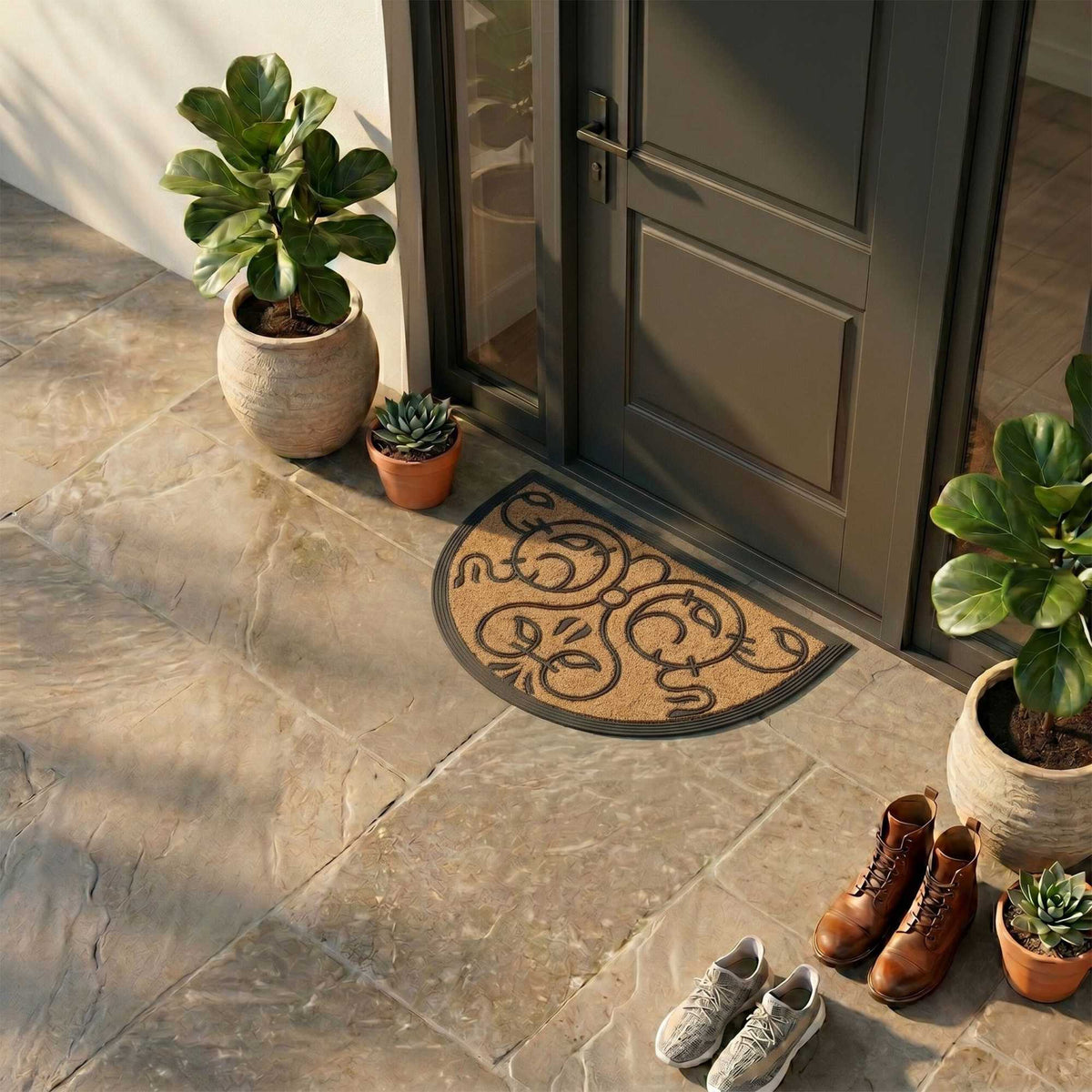 Half-Round Coir Doormat, Baroque Motifs, 60x40 cm