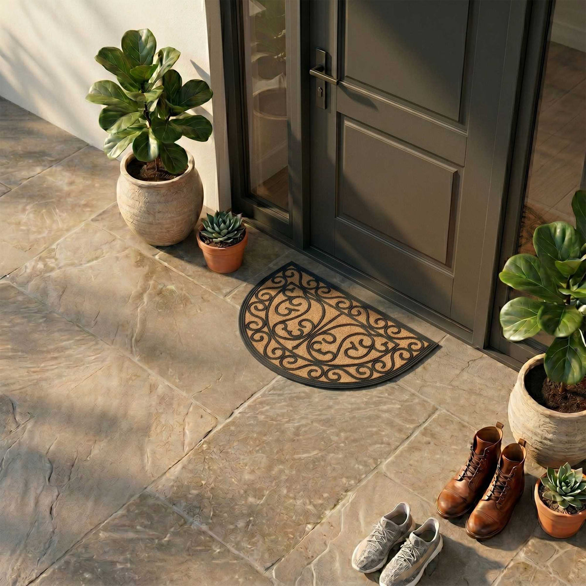 Half-Round Coir Doormat, Ornamental Design, 60x40 cm
