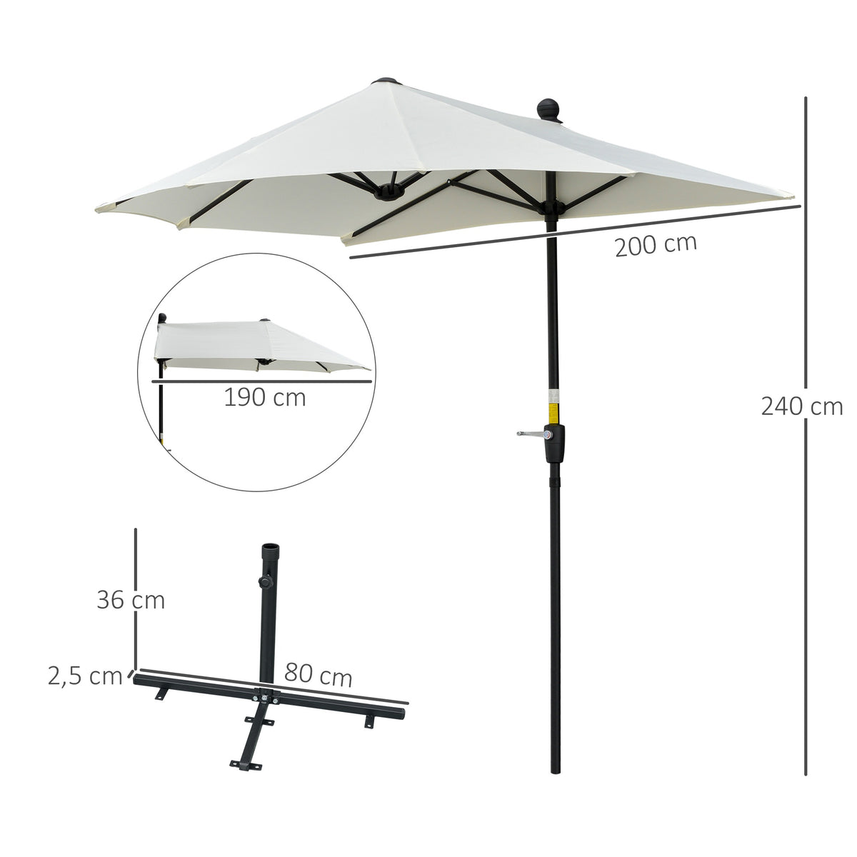 Half-Round Patio Umbrella, Cream, 190x200x240 cm