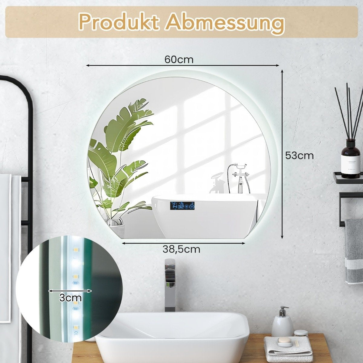 Half-round bathroom mirror with 3-color LED lights. Dimmable cosmetic mirror