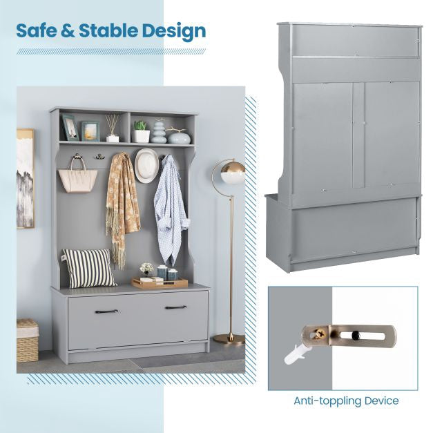 Hall Tree with 5 Double Hooks, Storage Bench, Cabinet, Grey