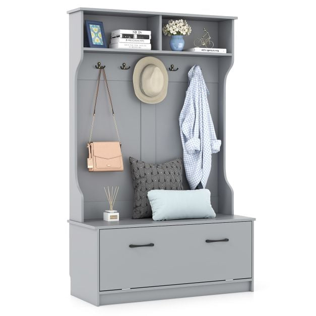 Hall Tree with 5 Double Hooks, Storage Bench, Cabinet, Grey