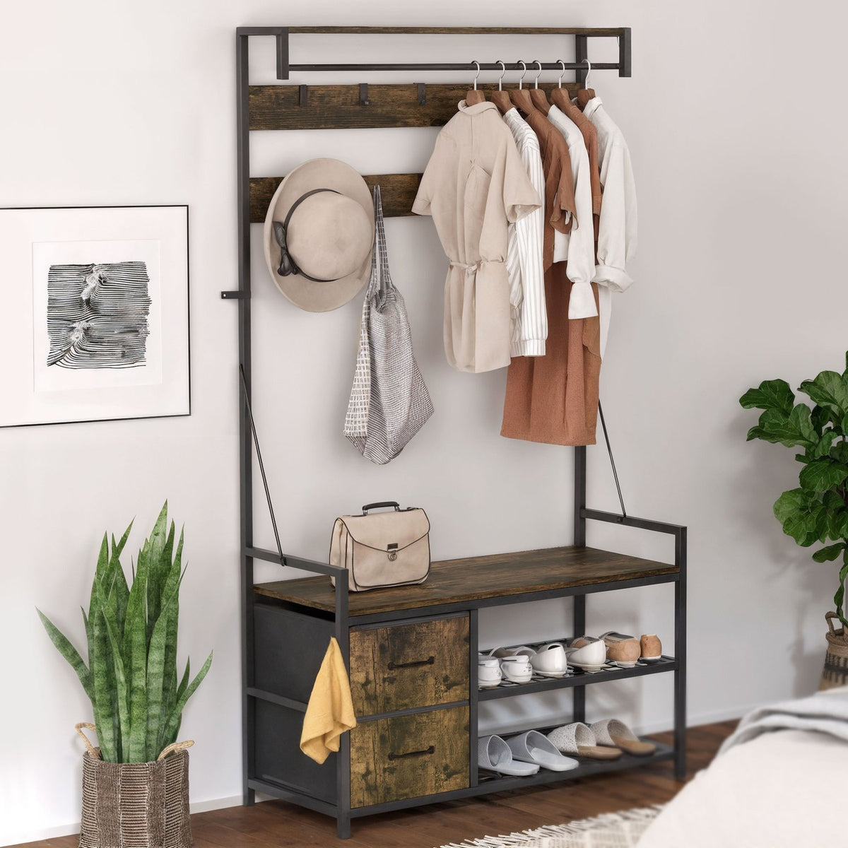Hall Tree with Bench, Shoe Rack, 10 Hooks, 2 Fabric Drawers