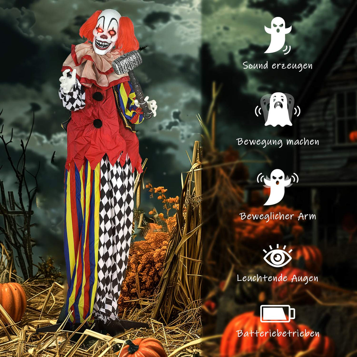 Halloween Animatronic Clown, 173 cm, Light-Up Eyes