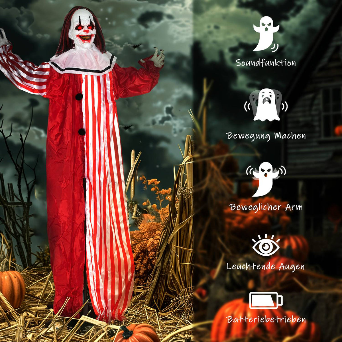 Halloween Clown Decoration, 165 cm, LED Lights, Sound Effects