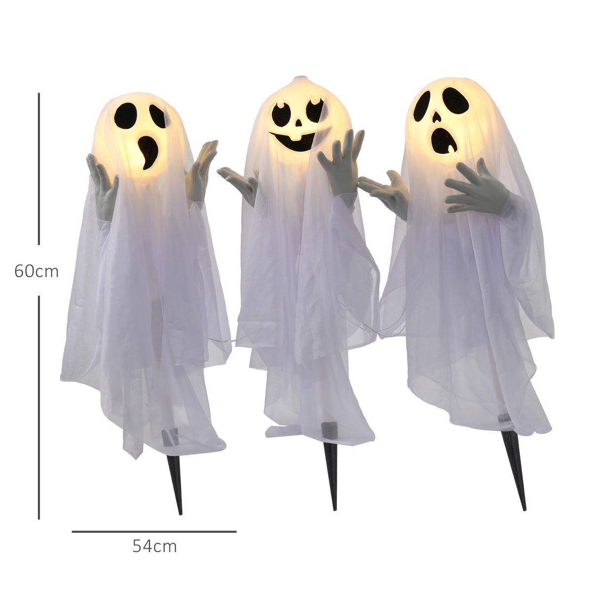 Halloween Decoration – 3 Light-Up Ghosts, Motion Sensor, 54x10x60 cm