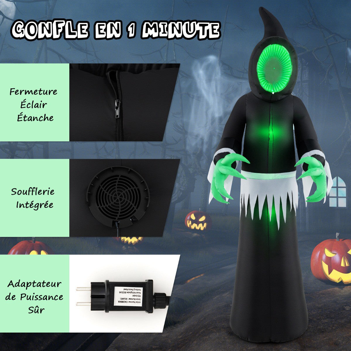 Halloween Inflatable Ghost 245 cm With Green LED Lights
