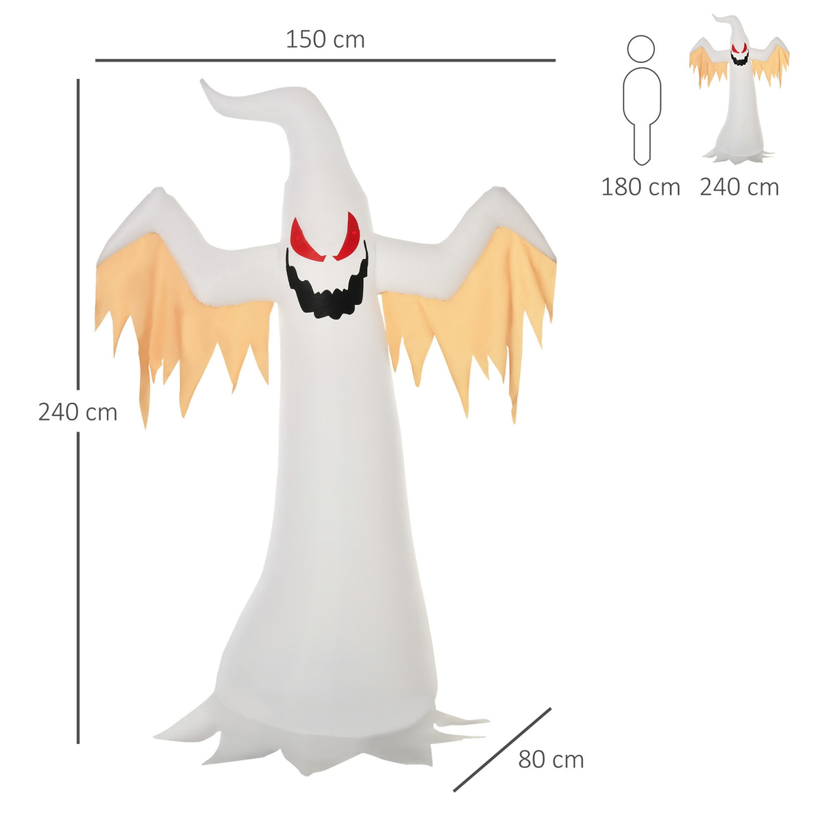 Halloween Inflatable Ghost 2.4M Decoration With Leds Ip44 Self-Inflating Polyester White + Red 150 X 80 X 240 Cm