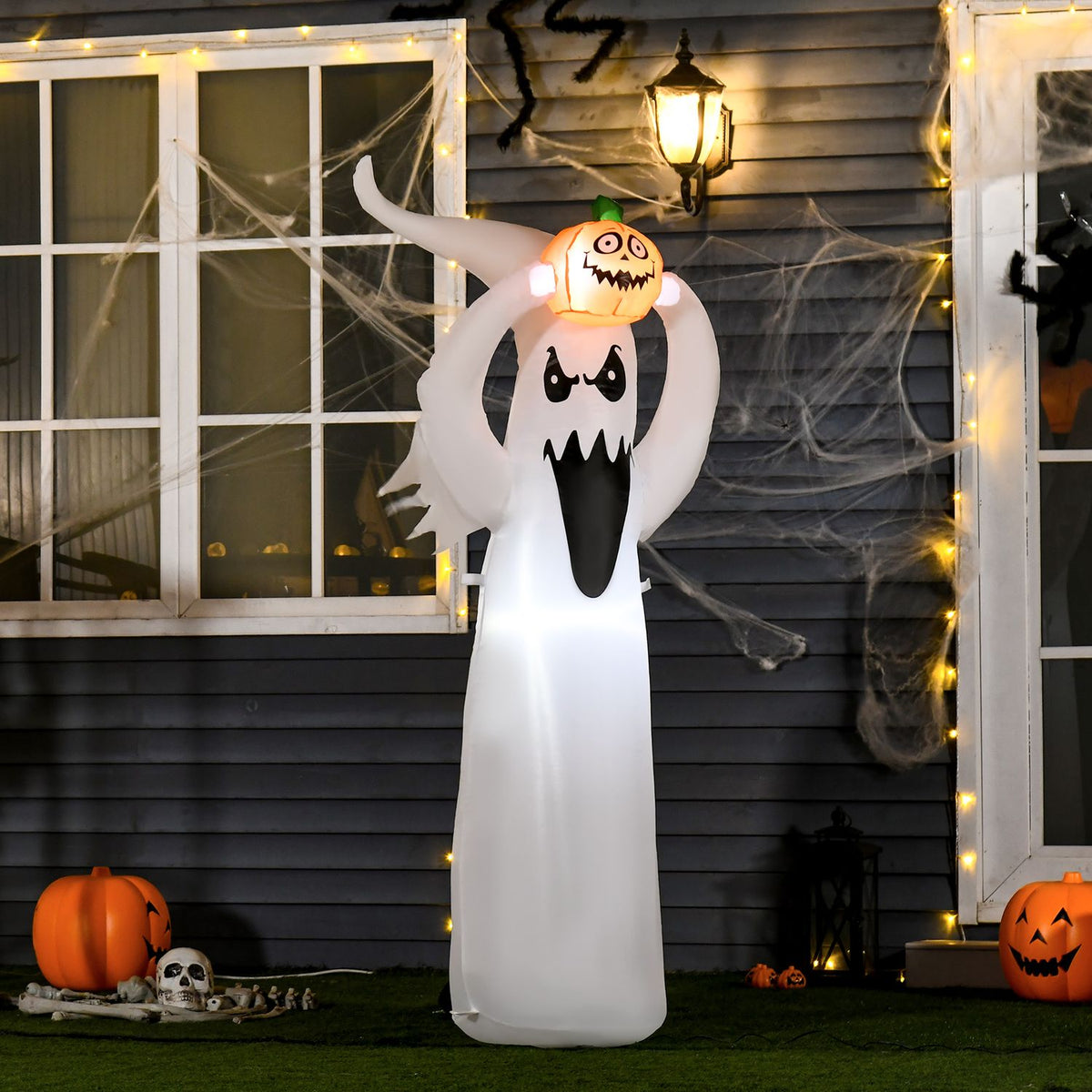 Halloween inflatable ghost 1.8 m decoration with LEDs white + orange polyester 80 x 40 x 180 cm
