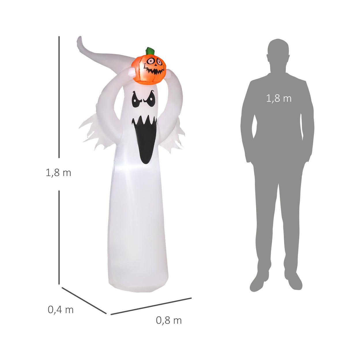Halloween inflatable ghost 1.8 m decoration with LEDs white + orange polyester 80 x 40 x 180 cm