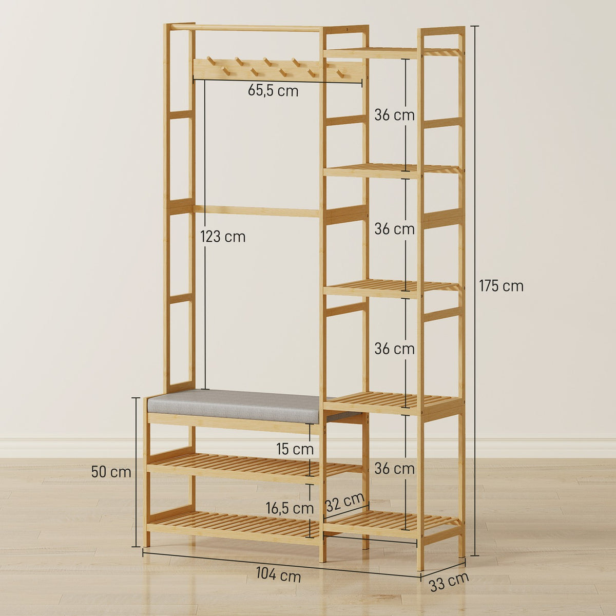 Hallway Coat Rack with Shoe Bench and Hooks, Bamboo