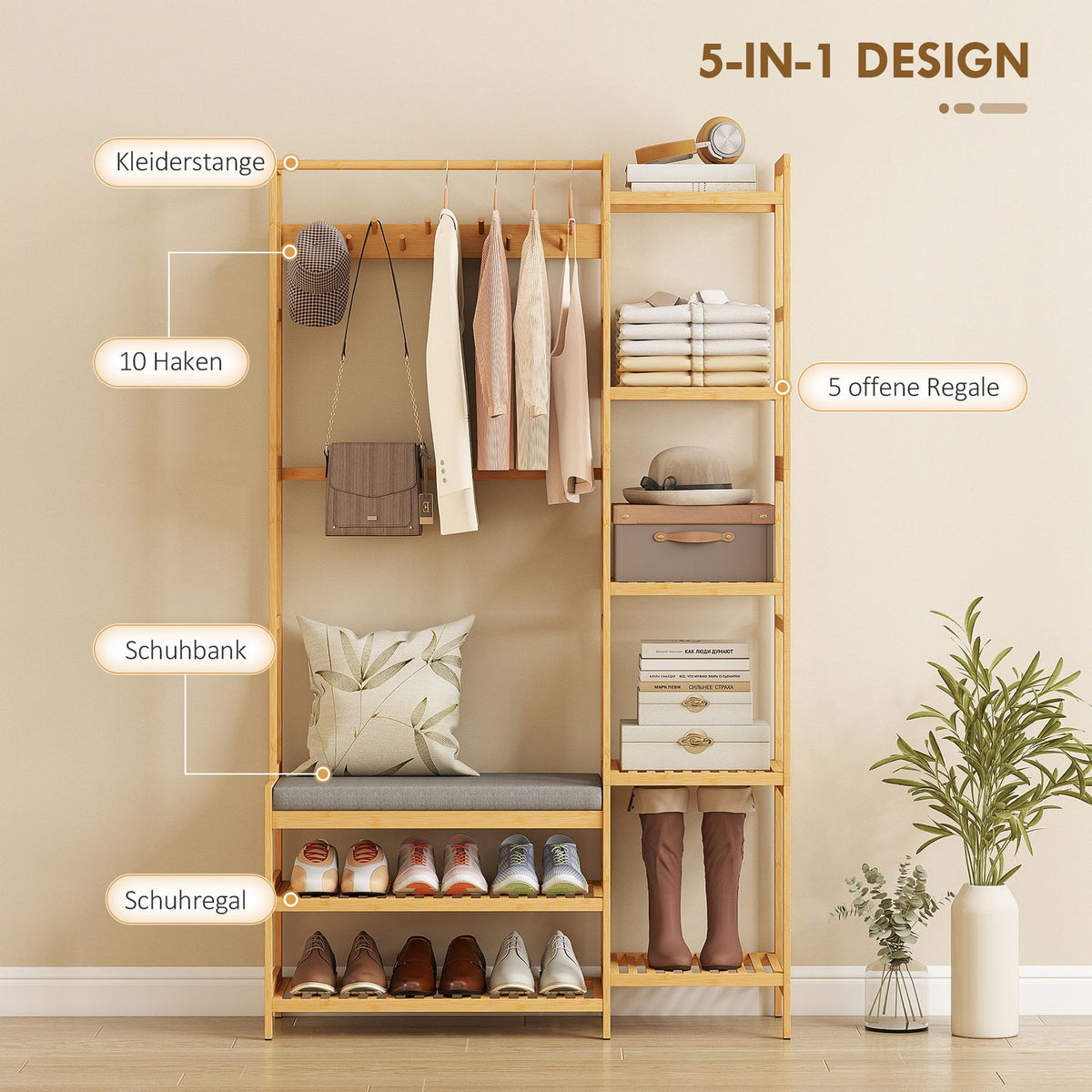 Hallway Coat Rack with Shoe Bench and Hooks, Bamboo