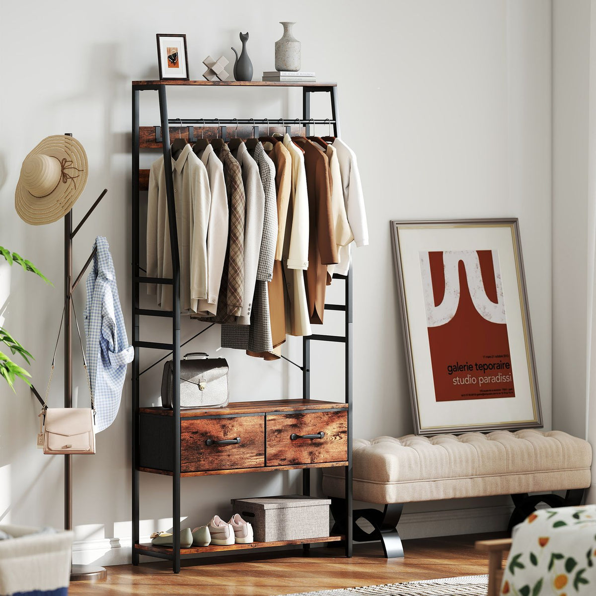Hallway Coat Rack with Shoe Shelf, Bench, 10 Hooks, Brown