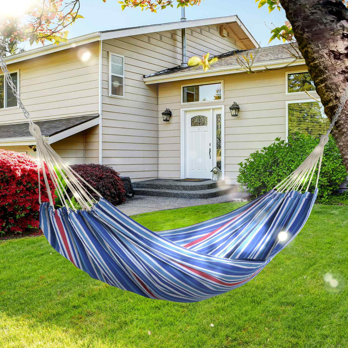 Hammock 310 X 150 Cm Outdoor Rod Hammock With Carry Bag Load Capacity Up To 180 Kg Portable Breathable Cotton Blue + Red
