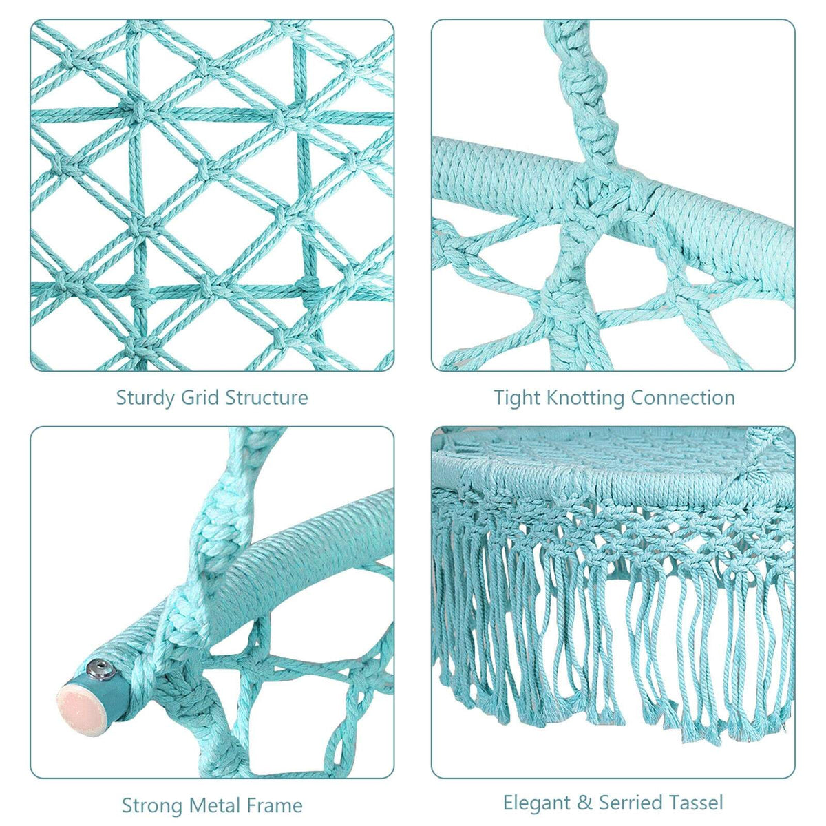 Hammock Chair Swing, Macrame Cotton Backrest, Turquoise