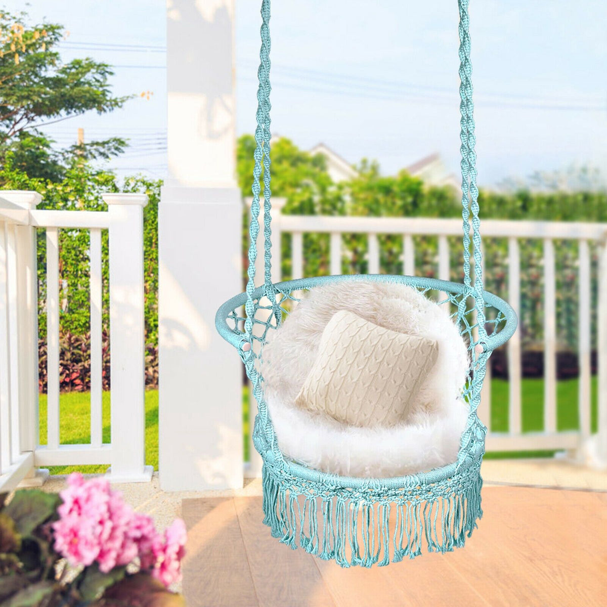 Hammock Chair Swing, Macrame Cotton Backrest, Turquoise