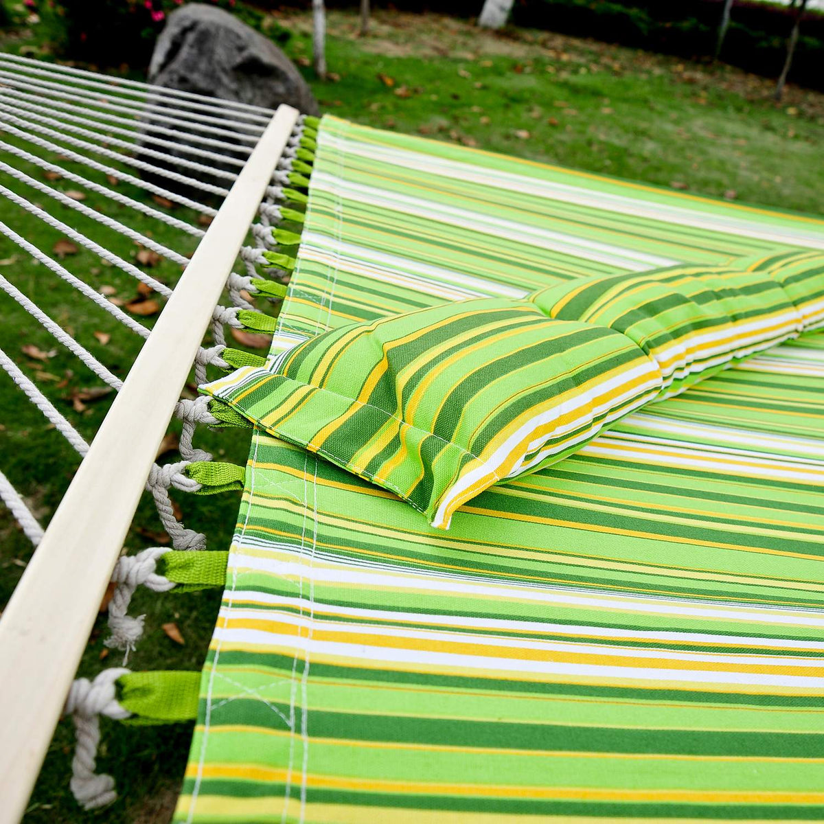 Hammock For 2 People With Pillow, Outdoor, Travel, Camping, 240G/㎡ Cotton, Up To 150 Kg, Green Striped, 188X140 Cm